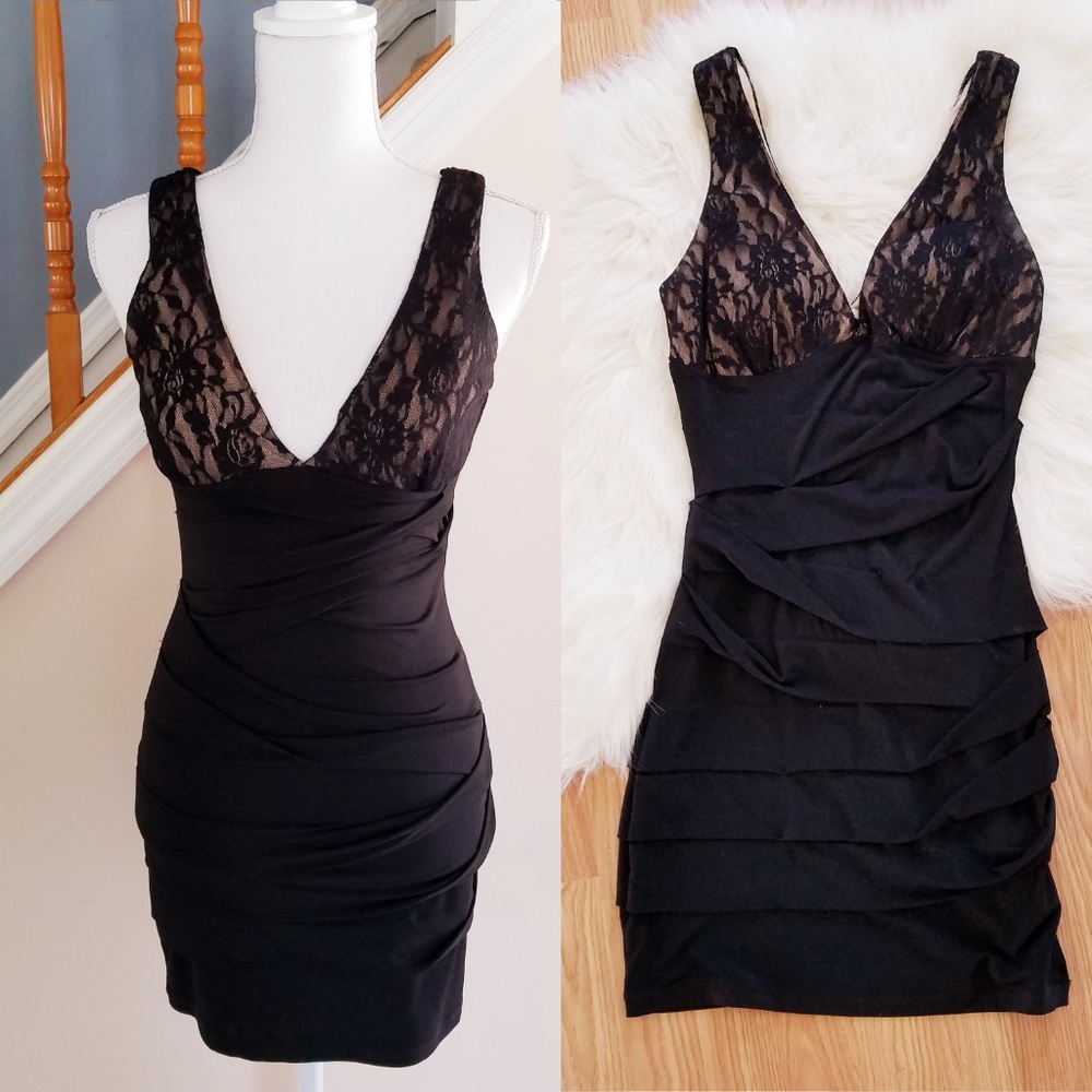 Black Bodycon Dress with a Lace Deep V-Neckline